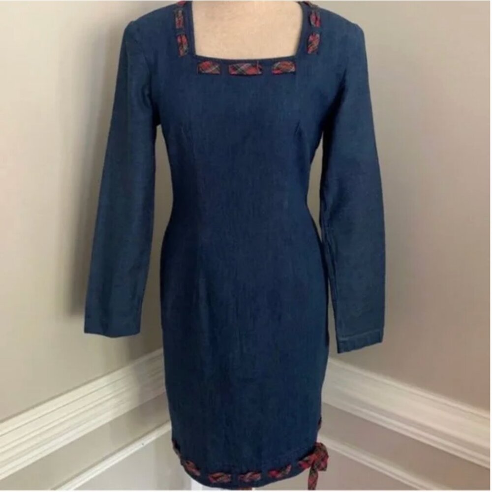 Misty Lane Vintage Denim Dress with Plaid Bow Trim Union Made Size 3/4